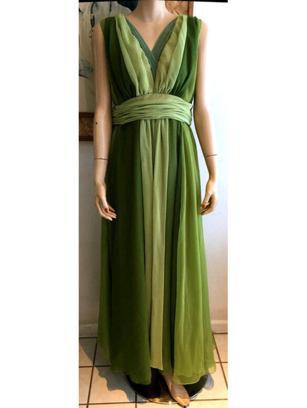 Vtg 70s I. Magnin Hostess Dress Teal Empire Waist Chiffon Formal Maxi Gown sz 10